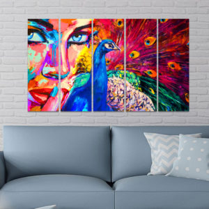 wkcol04 Peacock Modern 5 piece collage wall painting pasted on MDF Board