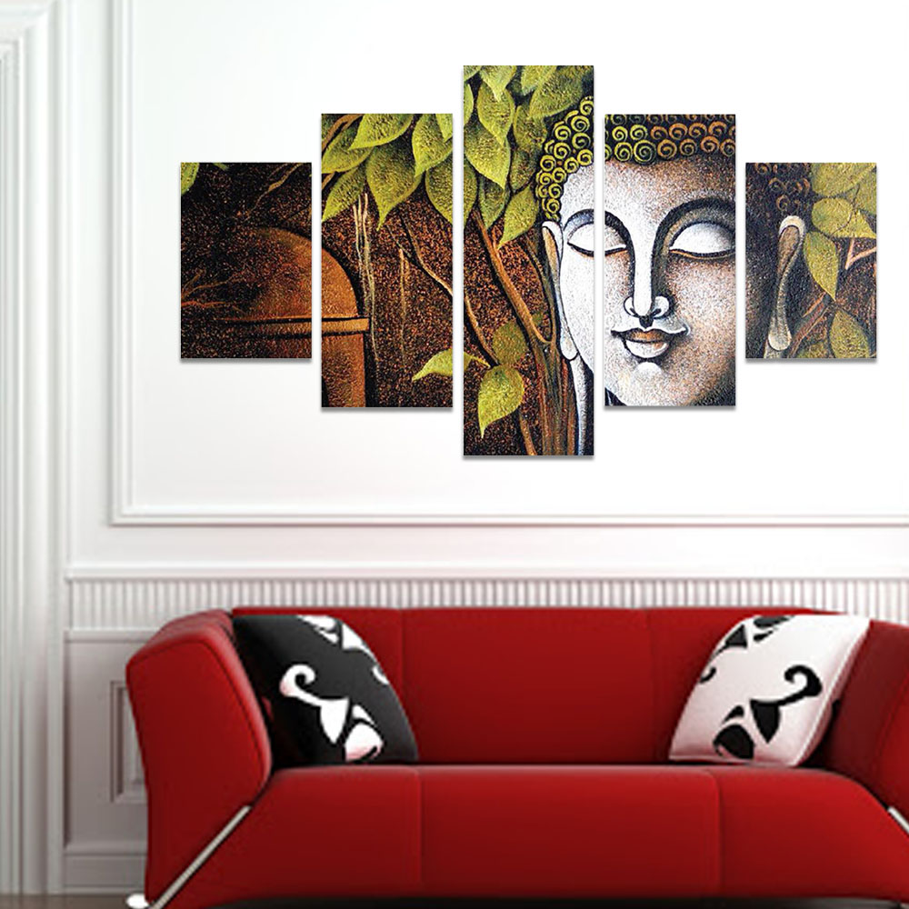 wkcol07 Big Face Buddha 5 Piece collage wall painting pasted on MDF Board